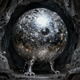 steel silver spherical golem in dark cave, intricate, elegant, highly detailed, digital painting, artstation, concept art, smooth, sharp focus, illustration, giger, daren bader, aleksi briclot, mucha, rutkowski