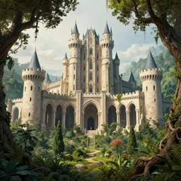 gigantic castle, arches adorned pillars, towers, archways, gnarly trees, lush vegetation, forrest, landscape, raphael lacoste, eddie mendoza, alex ross, concept art, matte painting, highly detailed, rule of thirds, dynamic lighting, cinematic, detailed, denoised, centerd