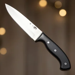 A product photo of a knife with a black handle, highly detailed, bokeh, 90mm, f/1.4