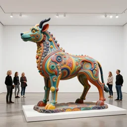 etablishing wide view shot of stunning colorful intriguing polished painted massive clay * poetic * sculpture of a mythic animal by * beth cavener * in empty empty white space exposiion. elegant animal living form. with collaboration of ellen jewett, beth cavener, sayaka ganz, edouard martinet, john o'reilly and judith klausner. joyfull