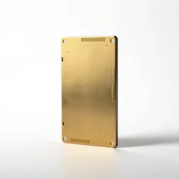 brass solid state drive, studio product photography, isolated on a pure white background, centered, entire object in frame, sharp focus, soft studio lighting
