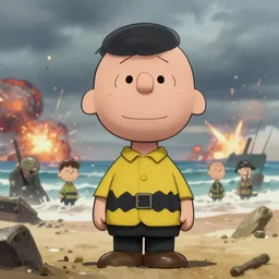 beautiful portrait of charlie brown storming the beaches of normandy during d - day during world war 2. stormy sky. explosions. war horror. character design by disney, charlie bowater, ross tran, artgerm, and makoto shinkai, detailed, soft lighting, rendered in octane
