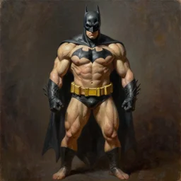 muscular batman full body with human legs ,very textured detailed oil painting by rembrandt