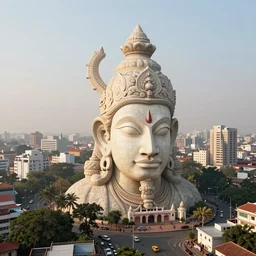 high quality 3 d dreamscape! mumbai with biomorphic hanuman head building, kalighat highly detailed, cinematic smooth, stephen shore & john j. park, soft morning light, wide shot, high angle, uhd 8 k, deep focus