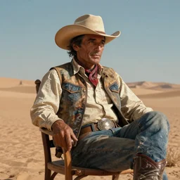 centered detailed portrait of a cowboy slouching in a chair in the desert, single character, volumetric | coherence | art by jean giraud and moebius, realistic, expressive emotions, intricate textures