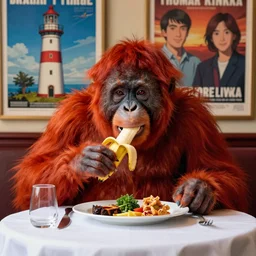 rendering lunch of elegant red orangutan eating lighthouse as banana, holding in hand, white tablecloth, glass tableware, travel poster artwork by michael whelan and tomer hanuka, high contrast, full of details, by makoto shinkai and thomas kinkade, matte painting, trending on artstation and unreal engine