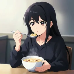 studio gainax + yoji shinakawa official illustration, anime girl using discord and eating cereal, dramatic lighting