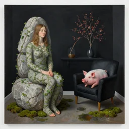 a pathology student in her apartment, wrapped in vines, large stones, pig, black walls, ikebana, black armchair, puddles, moss, acrylic on canvas, surrealist, by magritte and monet