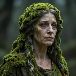 Portrait of one single moss-covered older Gaia goddess shedding a single tear, highly-detailed, elegant, dramatic lighting, artstation, 4k