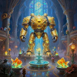 a minimalist bioluminescent oil painting by donato giancola, bulbous happy gears of war goldfish giant mecha god temple altar, religious, cinematic scifi luxurious futuristic foggy steam filled spaceport shopping mall with microscopy stained glass pretty bulbous ceramic fountains, gigantic pillars and flowers, maschinen krieger, beeple, star trek, star wars, ilm, star citizen, mass effect, artstation, atmospheric perspective