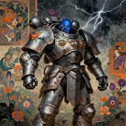 composition of gothic and futuristic, warhammer, cyber japan armor, many scars, many flowers, thunderstorm, blue head, some orange and purple, the middle ages, highly detailed, artstation, in the style of moebius, jugendstil and classic japanese print, psychedelic, art by jean delville and dragan bibin