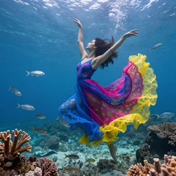woman dancing underwater wearing a flowing dress made of many layers of blue, magenta, and yellow translucent lace, elegant coral sea bottom, swirling silver fish, cycles render, caustics lighting from above, cinematic