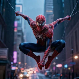 peter parker swinging with spiderwebs through cyberpunk new york city street, a dark city background, lens flare, rain, deep focus, d & d, intricate, elegant, highly detailed, photo, 9 0 s, artstation, blade runner, 8 k, sharp focus, octane, unreal engine 5, global illumination, radiant