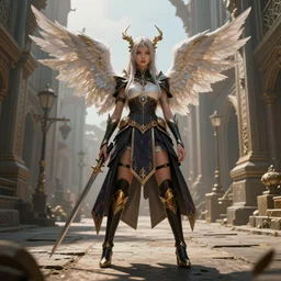 artistic scenery light, procedurally generated, epic mage girl character posing for concept art, costume design from higher angels, ancient city streets behind her, substance designer, PBR, HD, Ultra detailed, hyperrealistic, megascans, volumetric light, concept by master artist, made in paint tool SAI2, trending pixiv face