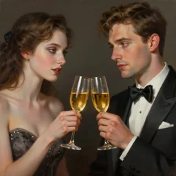 a couple with misterious expressions, cheers, a toast with golden cups. intricate, elegant, highly detailed, digital painting, artstation, concept art, sharp focus, illustration, by justin gerard and artgerm, 8 k