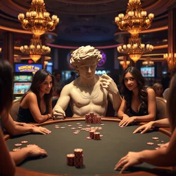 the statue david from michelangelo sitting at a poker table with many chips in front of him, playing poker in the golden nugget sitting with beautiful women