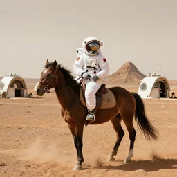 a photo of an astronaut riding a horse on mars in a mars colony