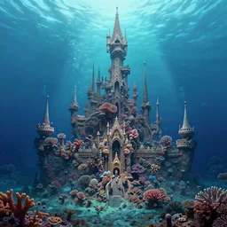 style artgerm, joshua middleton, j. c. leyendecker, a giant underwater castle made of coral, very long spires, water swirling, detailed, ocean background setting, volumetric lighting