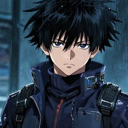 killua zoldyck black hair, rain, close detailed face, techwear, streetwear, cyberpunk style outfit, greg rutkowski, ross tran, takato yomamoto, wlop, ilya kuvshinov, intricate complexity, detailed portrait, 4 k, cinematic lighting, artstation, sharp focus, smooth, makoto shinkai