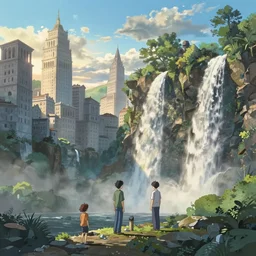 evergreen valley, waterfalls, ancient marble city, tall buildings, wide view, landscape, by makoto shinkai and lois van baarle, ilya kuvshinov, rossdraws, tom bagshaw, global illumination, morning light, radiant light