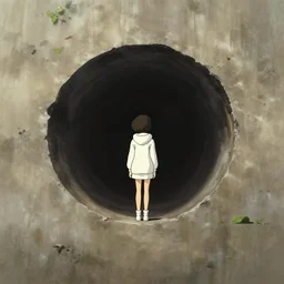 masamune shirow, ghibli, miyazaki movie scene, vanishing point, focal point, ultra wide, brutalist, white hoodie girl outside a large dark hole in the side of a concrete wall, overexposed, yellow dappled light, black depths, posters, notices, graffiti, banners, police tape, junk, overgrown, spiderwebs