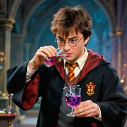 harry potter drinking a potion, psychedelic, confusing, trending on artstation