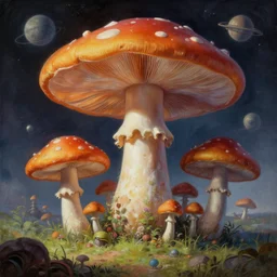 A strange giant mushroom biome and on an alien science-fiction planet, beautiful matte painting, Moebius, frank frazetta, sid mead, james gurney, thomas kinkade, rodney mathews, trending on artstation