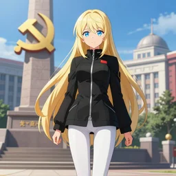 platinum - blonde - haired long bob cut blue - eyed princess wearing white leggings and black jacket, standing next to communist monument, communist city, dictatorship of the proletariat, anime, hd anime wallpaper, hyperrealistic lighting, volumetric lighting, drawn by artgerm