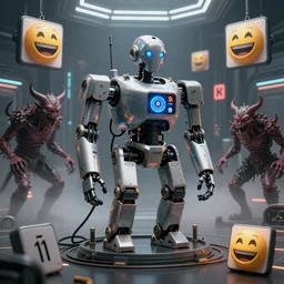 robot 9 0 0 0 gets a timeout by the militant mods on stable diffusion and is forced to not create for 2 4 hours because of mutated content in his iphone 1 1, robot 9 0 0 0 is strapped to a containment device made by syd mead moebius junji ito hr giger, hdr, 8 k, volumetric lighting, tiled signs everywhere, laughing emojis, demonic mod creatures laughing, mist, futuristic room background with glowing lights, photorealistic,