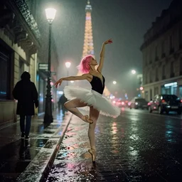 street of paris photography, night, rain, mist, prima ballerina with pink hair, cinestill 8 0 0 t, in the style of william eggleston