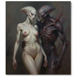ultra realist muted colors horror painting of a dimly lit attractive alien female and hellish creature together, very intricate details, focus, curvy figure, model pose, full frame image, artwork by tooth wu and wlop and beeple and greg rutkowski, award winning