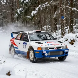 a 1 9 9 2 mitsubishi galant vr - 4, racing through a rally stage in a snowy forest