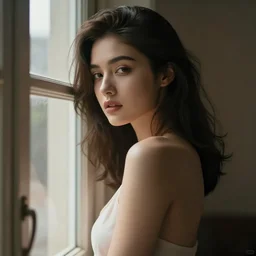 sexy girl with dark brown hair, leaning against the window, digital art