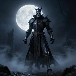 full shot of angry darkness soul knight at moonlight, inspired by Tim Burton, detailed, octane render, unreal engine 4k volumetric light, fog, darkness background