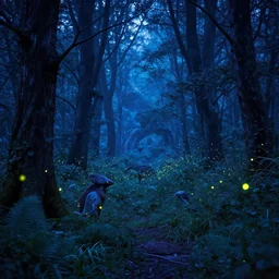enchanted forest with magical creatures at night with a blue hue with fireflies, real life, photograph, photorealistic, 4 k