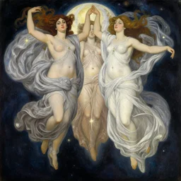 highly detailed painting of gemini goddesses fully clothed in flowing celestial gowns floating in space zoomed out by tamara de lempicka