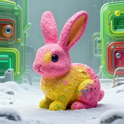 rabbit shape pink rock, by m. c. escher, yellow, green, red, snowy, ultra sharp, ultra detailed, cyberpunk, happy, uplifting, colorized by salvador dali