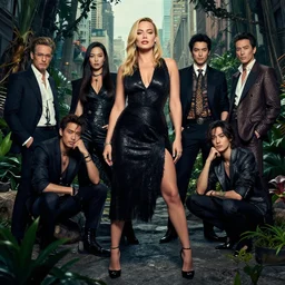 full body shot of margot robbie by wlop, rossdraws, Alberto Vargas, mingchen shen, arney freytag, artstation, fantasy photoshoot, urban jungle, fashion pose, octane, 4k