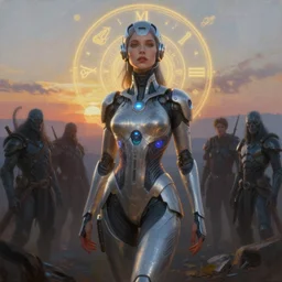 hyper realistic painting of a panorama at dawn, with a cyber girl, zodiac, intricate detailed full body, conceptart, greg rutkowski, brom, james gurney, mignola, craig mullins, alan lee