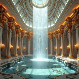 bright sleek waterfall palace interior, neo - rococo, extreme opulence, 4 k octane render, utopia, made by sega, volumetric light, 4 k full hd, cinematic, futuristic, wealthy atmosphere, imagined by simon bizley, albert bierstadt, herbert james draper, arnold bocklin, caspar david friedrich, sir lawrence, alma - tadema, karl heilmayer