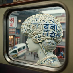 fuji gfx, 2 0 0 mm ; beautiful hyperrealistic dithered film still from nepal movie of wired devanagari brain map scene in style of 1 9 9 0 s frontiers in miniature porcelain retrofuturism deep emboss macro design architectural art studio photography magazine seinen manga devanagari extreme closeup portrait edition, real - life shinkansen window view porcelain izakaya sign, highly detailed, tilt shift zaha hadid scene in background