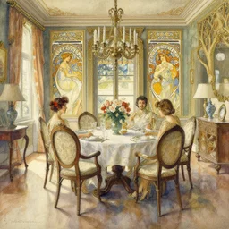 a beautifull intricate watercolour painting of a dining room, reflexions, verry high details by william turner art, greg rutkowski and alphonse mucha, trending on artstation, very very detailed, masterpiece, muted colors