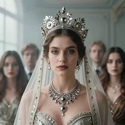 a stunning portrait of an beautiful woman wearing a veil and a fractal crown and necklace in a foggy room, by katsura masakazu, alessio albi, ilya kuvshinov, nina masic, soft focus, vertical portrait, natural lighting, f 2, 5 0 mm, classic chrome, film grain, cinematic lighting
