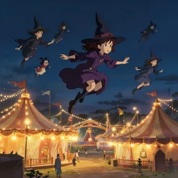 young witches flying above a carnival, witchlight carnival amusement park, big top circus tent, night time, rim light, studio ghibli style, high octane filter, 8 k, highly detailed, digital painting, concept art, matte, art by ruan jia and wlop and greg rutkowski and makoto shinkai, masterpiece