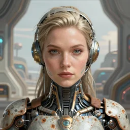 closeup portrait shot of a female biomechanic woman in a scenic scifi environment, intricate, elegant, highly detailed, centered, digital painting, artstation, concept art, smooth, sharp focus, rusty, illustration, thomas kinkade, tomasz alen kopera, peter mohrbacher, donato giancola, leyendecker, boris vallejo