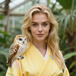 portrait photograph of an extremely sexy young blonde female. shallow depth of field. shallow focus. bokeh!!!. symmetric face!. round detailed eyes!!, slight smile. natural light. wearing a yellow!!!!!! kimono!! with a very detailed barn owl! on her shoulder in a tropical greenhouse. looking at the camera!!. super resolution. art by alesio albi and alphonse mucha