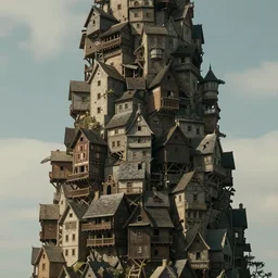 an infinite amount of medieval houses stacked on each other, creating a monolith, concept art, very very very very tall, trending on deviantart, movie still, award wining photograph