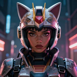 anime portrait illustration of a 👧🏿 gundam pilot in an intricate sexy cat - shaped helmet, hiphop urban inspired, symmetrical proportions, symmetrical perfect facial features, cinematic lighting, hd, 3 2 k, octane, unreal engine, cinematic lighting, volumetric lighting, by liquidcoco and denys cowan and dwayne mcduffie