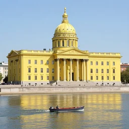 a man on a small boat on a river with yellow gigantic city by mandelbrot neoclassical architecture, ancient high buildings, vertical classical blue temples, cinestill 8 0 0 t, mandelbrot fractal style
