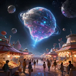 large teleporter in space inside a bustling space market, concept art, digital art, illustration, sharp focus, octane render, by julian calle, trending on artstation